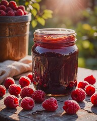 Homemade natural organic raspberry jam or confiture in a glass jar. Juicy delicious berries dessert. The atmosphere of summer and warmth.