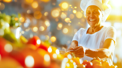 Wall Mural - a talented chef joyfully prepares a variety of colorful vegetables in a bustling kitchen, surrounded