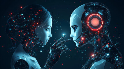 Poster - Humans and robots work together in the digital world, using technology to connect.