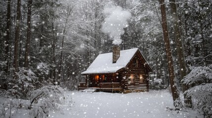 Poster - A small wooden cabin is surrounded by tall trees, blanketed in fresh snow. Smoke gently billows from the chimney, illuminating the scene with warm light as snowflakes fall gracefully around.