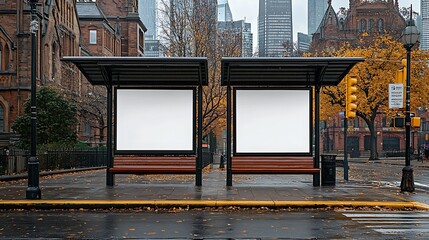 Two blank white posters on the side of a bus stop shelter in an urban setting.