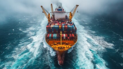 Aufkleber - The cargo ship braves rough seas, surrounded by misty clouds, transporting a vibrant array of containers. Its powerful engines propel it through the choppy waters.