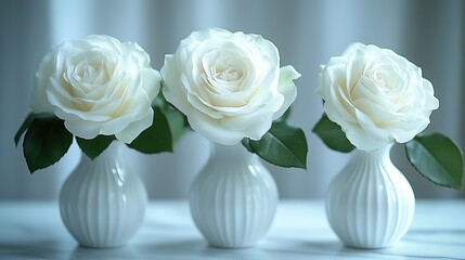 Wall Mural - Three white roses in elegant vases.