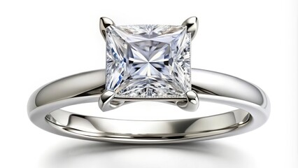 Platinum solitaire ring holding a square princess cut diamond sparkling on a white background