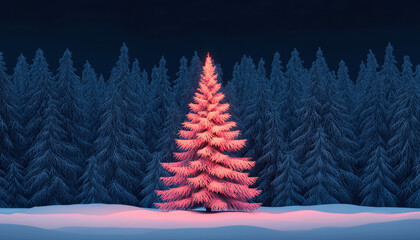 Poster - Magical winter wonderland a vibrant pink christmas tree stands tall amidst a frosty forest landscape under a starry night sky