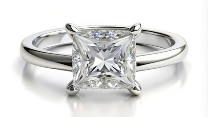 Platinum solitaire ring holding a square princess cut diamond sparkling on a white background