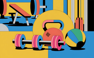 Bold colorful geometric gym equipment on yellow and blue background illustrates fitness lifestyle   