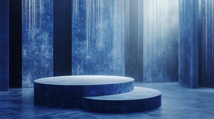 Aufkleber - This setting features a stylish blue stage with a rounded platform and an elegant staircase, illuminated by shimmering light effects that create an enchanting atmosphere for performances.