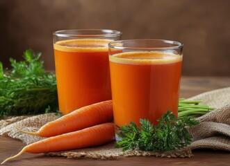 Freshly made carrot juice served in clear glasses with fresh carrots on a rustic table