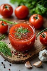 Wall Mural - Freshly prepared tomato juice garnished with herbs on a kitchen countertop with vegetables nearby