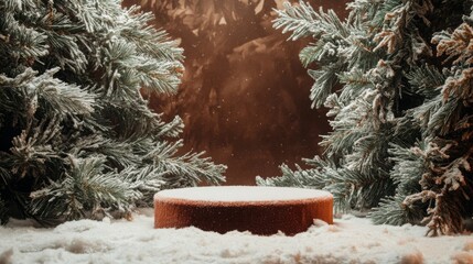 Fototapete - A snowy forest scene with two evergreen trees on each side of a round, brown platform. The background is a blurry brown wall with snow falling.