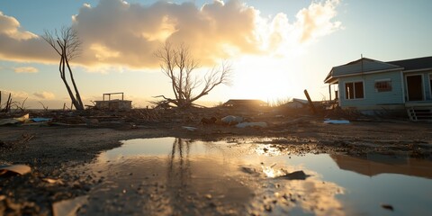 A scene of calm after a hurricane, a devastated landscape with fallen trees, scattered debris, and wrecked homes