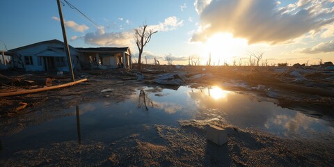 A scene of calm after a hurricane, a devastated landscape with fallen trees, scattered debris, and wrecked homes