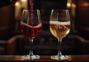 Wall Mural - Pouring red and sparkling wine into glasses at a cozy bar during evening hours