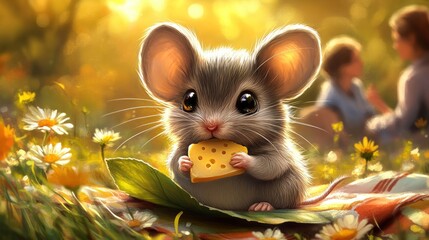 Wall Mural - A cute little mouse sits on a blanket in a field of flowers, enjoying a piece of cheese.