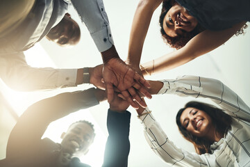 Aufkleber - Below, stack and portrait of business people in office for teamwork, collaboration and support. Professional, corporate and men and women with hand gesture for solidarity, partnership and agreement