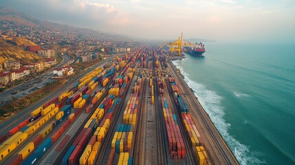 Aufkleber - Container ships and colorful cargo containers fill the busy port, stretching alongside the scenic coastline of a lively city at sunset, reflecting the day's end.
