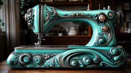 Wall Mural - vintage turquoise sewing machine with ornate detailing on a wooden table.