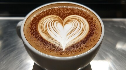 Poster -   A cappuccino served in a white mug featuring a sketched heart