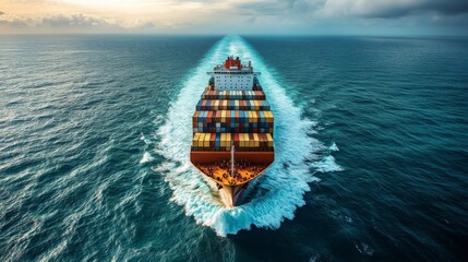 Poster - A large cargo ship sails through calm ocean waters during sunset, with a trail of waves behind. The sky is filled with beautiful colors, enhancing the serene atmosphere.