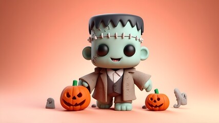 3d render cute clay frankenstein for halloween poster