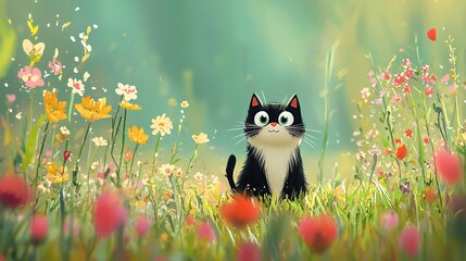 Canvas Print -   Black-and-white feline in flower field with surprise expression