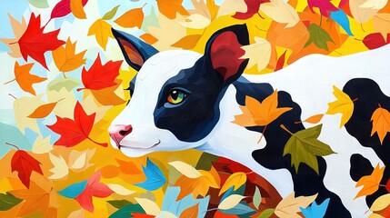 Poster -  A monochrome cow painting amidst golden autumn foliage against a vivid blue sky