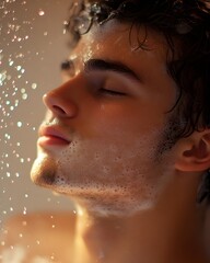 A young man is in a luxurious interior with foam on his shoulders while pouring water behind himself.