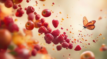 Poster -   Butterfly flying over raspberries with water droplets below