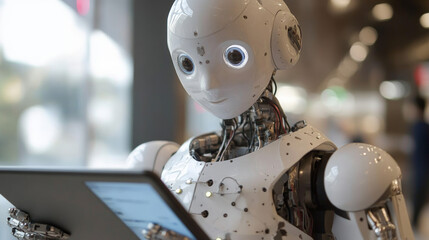 Poster - The engineer manages robots using a tablet, controlling them with software and connecting to a network. The robots are automated and powered by artificial intelligence.
