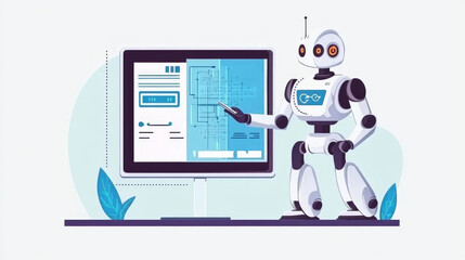 Poster - The engineer manages robots using a tablet, controlling them with software and connecting to a network. The robots are automated and powered by artificial intelligence.