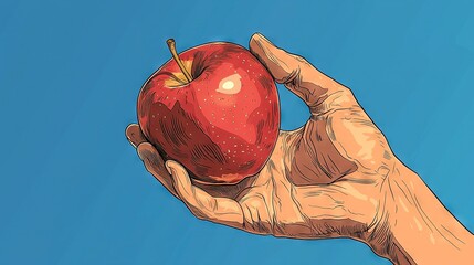 Poster -   A person holds an apple in front of a blue sky with their other hand