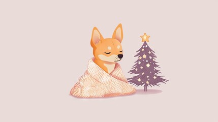 Poster -  A dog wrapped in a blanket in front of a Christmas tree, with a star on its head