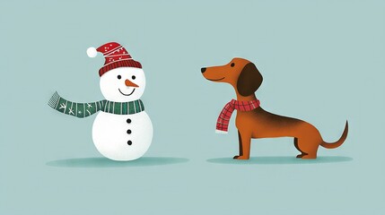 Wall Mural -   Brown pup beside scarfed snowman in red-green knitted hat on light blue backdrop