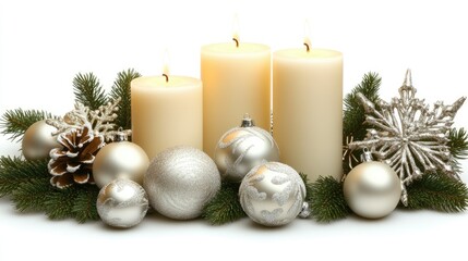 Canvas Print - A warm and inviting Christmas table features three white candles surrounded by green pine branches and silver ornaments, perfect for holiday decor