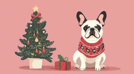 Wall Mural -   A dog wearing a sweater sits beside a Christmas tree, with a gift box in front, on a pink background