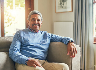 Poster - Relax, smile and portrait of old man on sofa in lounge for calm, happiness and retirement. Comfortable, peace and morning with senior person in living room of home for resting and mental health