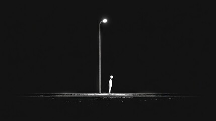 Wall Mural -   A monochrome image of a person standing beneath a street lamp at night, with a street lamp in the background