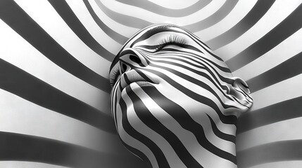 Wall Mural -   A black-and-white image of a zebra's head centered on a striped wallpaper background