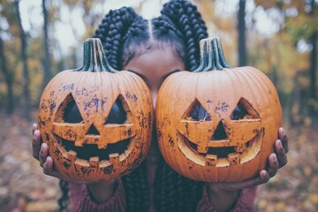 Person holding two jack o’ lanterns in front of their face creating a playful and fun Halloween scene with vibrant orange pumpkins and a joyful autumn atmosphere