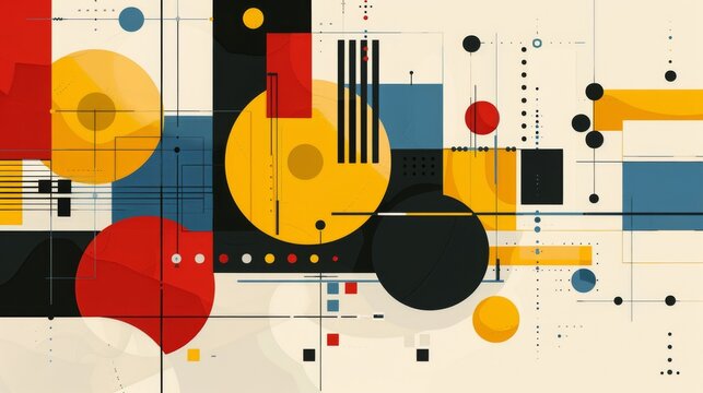 Abstract geometric Bauhaus poster with circles, squares, and triangles. Primary colors and clean lines. Minimalist design. Vector art