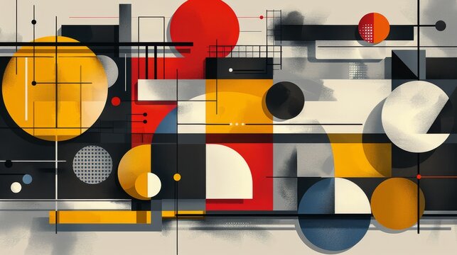 Abstract geometric Bauhaus poster with circles, squares, and triangles. Primary colors and clean lines. Minimalist design. Vector art
