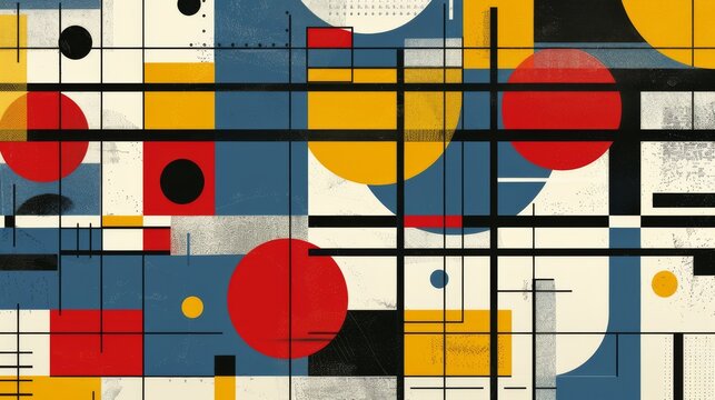 Abstract geometric Bauhaus poster with circles, squares, and triangles. Primary colors and clean lines. Minimalist design. Vector art