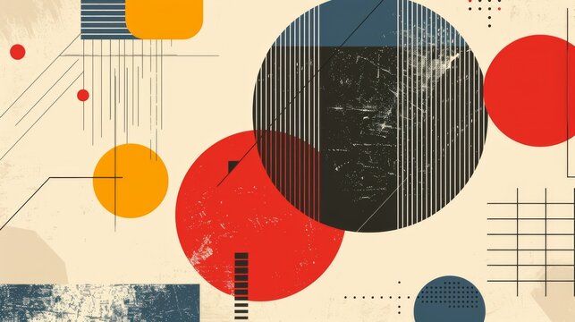 Abstract geometric Bauhaus poster with circles, squares, and triangles. Primary colors and clean lines. Minimalist design. Vector art