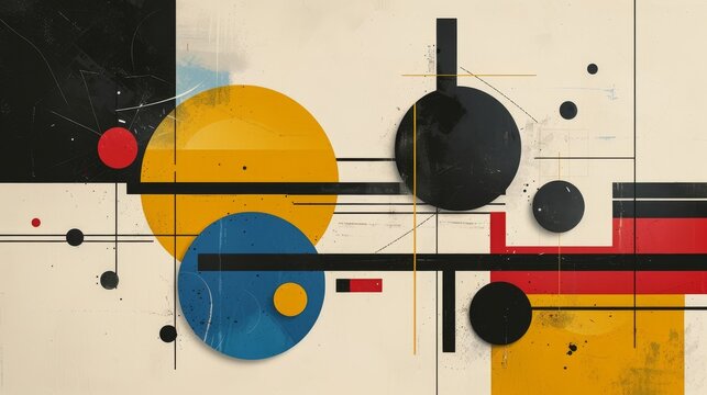 Abstract geometric Bauhaus poster with circles, squares, and triangles. Primary colors and clean lines. Minimalist design. Vector art