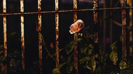 Wall Mural -   A lone rose resting atop a verdant foliage, adjacent to a metal railing, and against the backdrop of an architectural edifice