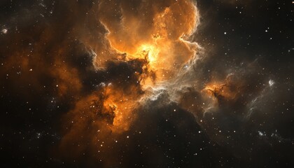 Wall Mural - A vibrant cosmic nebula illuminated by orange and yellow hues against a dark backdrop