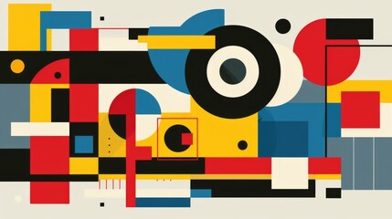 Fototapete - Abstract geometric Bauhaus poster with circles, squares, and triangles. Primary colors and clean lines. Minimalist design. Vector art