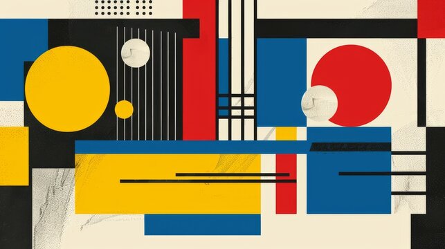 Abstract geometric Bauhaus poster with circles, squares, and triangles. Primary colors and clean lines. Minimalist design. Vector art