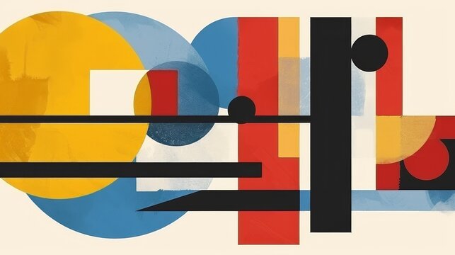 Abstract geometric Bauhaus poster with circles, squares, and triangles. Primary colors and clean lines. Minimalist design. Vector art